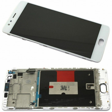Дисплей для OnePlus 3, 3T в рамке тачскрин со сканером отпечатка белый OEM