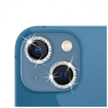 Защитное стекло камеры для iPhone 13 и 13 Mini со стразами голубой