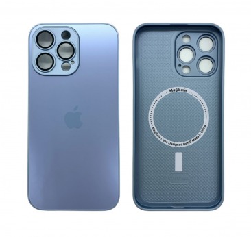 Чехол стеклянный-матовый для iPhone 13 Pro Max с защитой камеры (MagSafe) голубой
