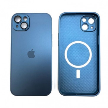 Чехол стеклянный-матовый для iPhone 13 с защитой камеры (MagSafe) синий