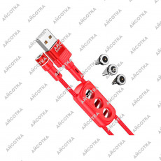 Кабель hoco U98 3-in-1 USB - Lightning + MicroUSB + Type-C, 2.4А, 1,2м, красный, с магнитным наконечном