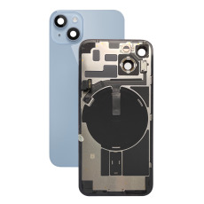 Задняя крышка в сборе со шлейфом вспышки, индукционной зарядкой и окошками камеры iPhone 14 голубой