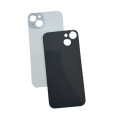 Задняя крышка для iPhone 15 Plus голубая c увеличенным вырезом под камеру (с лого)