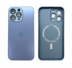 Чехол стеклянный-матовый для iPhone 13 Pro Max с защитой камеры (MagSafe) голубой